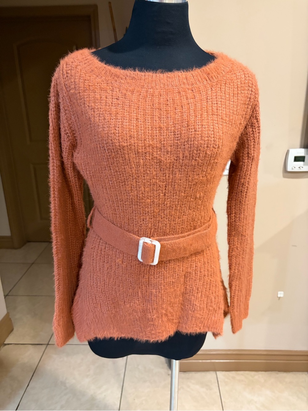 J.O.A. Rust Orange Belted Crewneck Knit Sweater